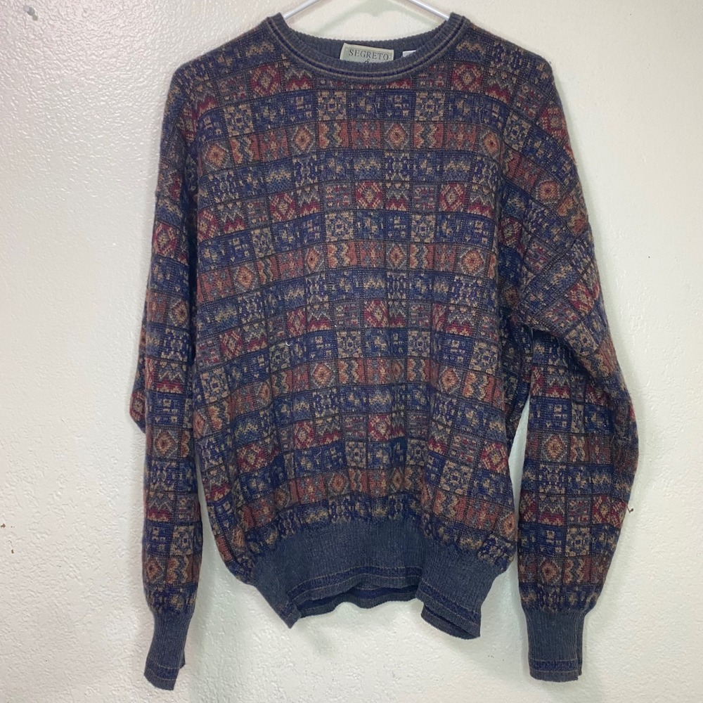 Segreto Linea Italiana Mens XL Merino Wool Sweater Fisherman Cabincore Geometric